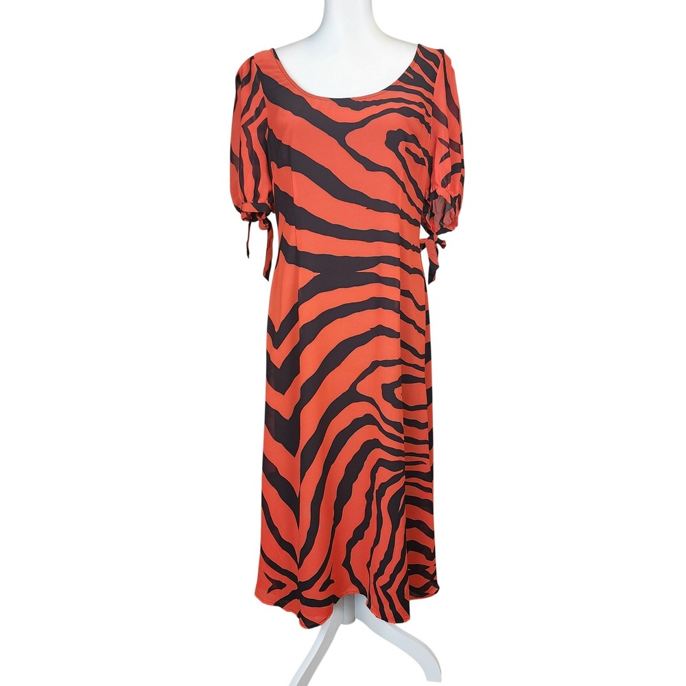 LPA Chiffon Midi Dress Womens XL Orange Black Zebra Tiger Euro Summer Retro Glam